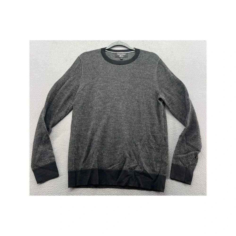 Banana Republic Sweater Mens Large Italian Merino Wool Crewneck Grey Black Knit